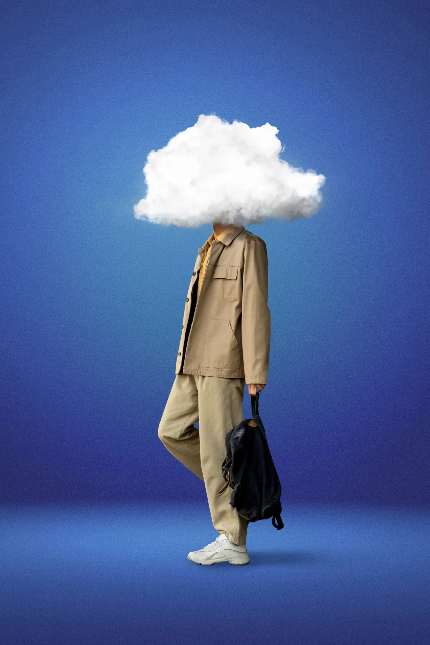 A person standing with a cloud in place of their head
