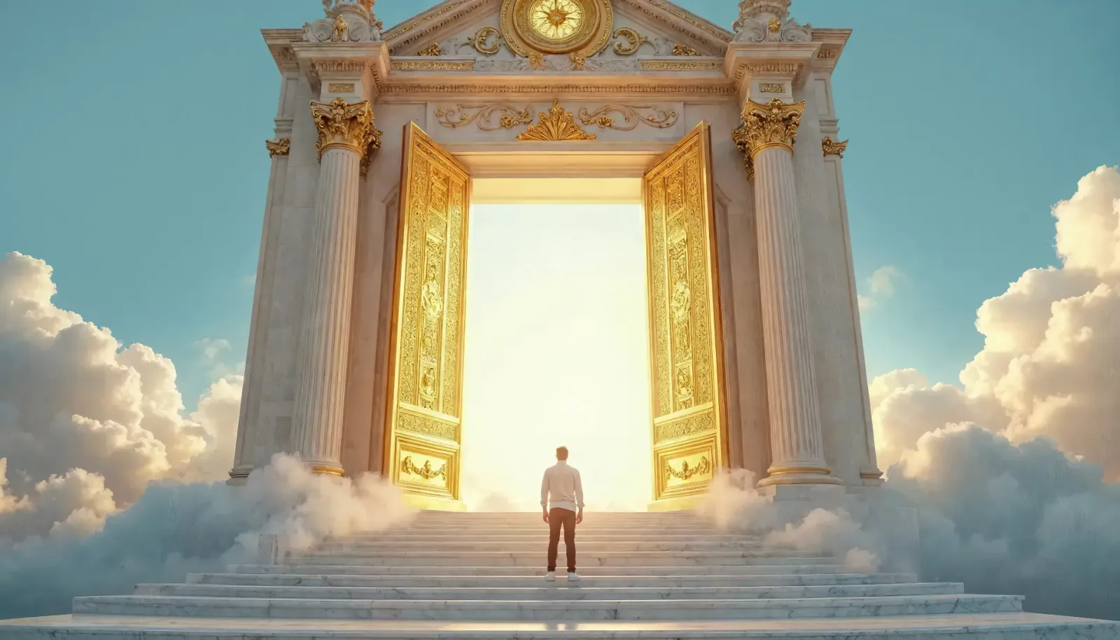 An ornate golden gate standing open in the clouds
