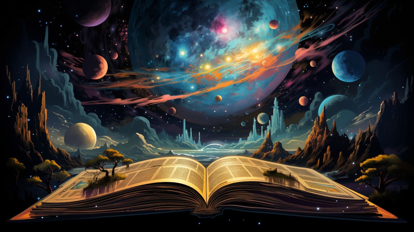 An open book with a starlit dream landscape rising out of its pages