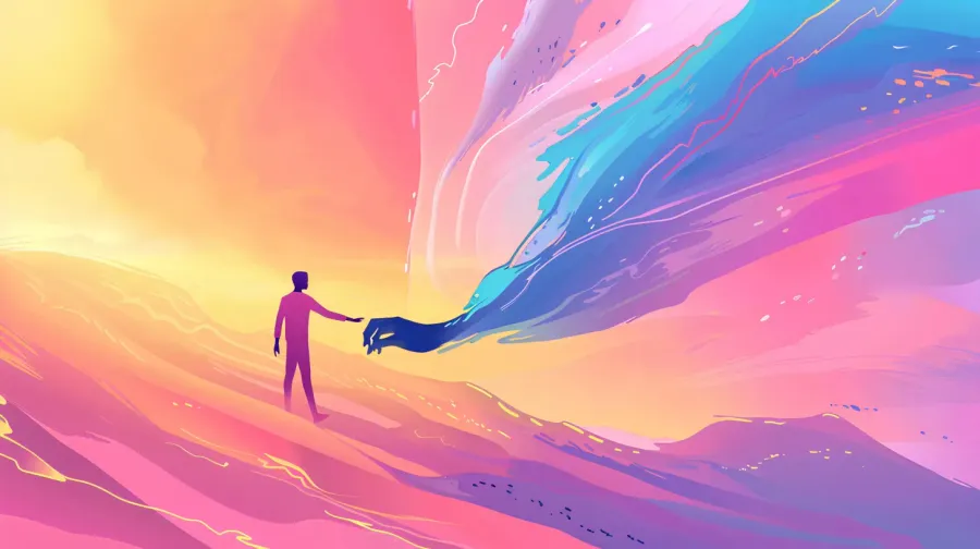 A figure trailing a ribbon of colour across an open landscape