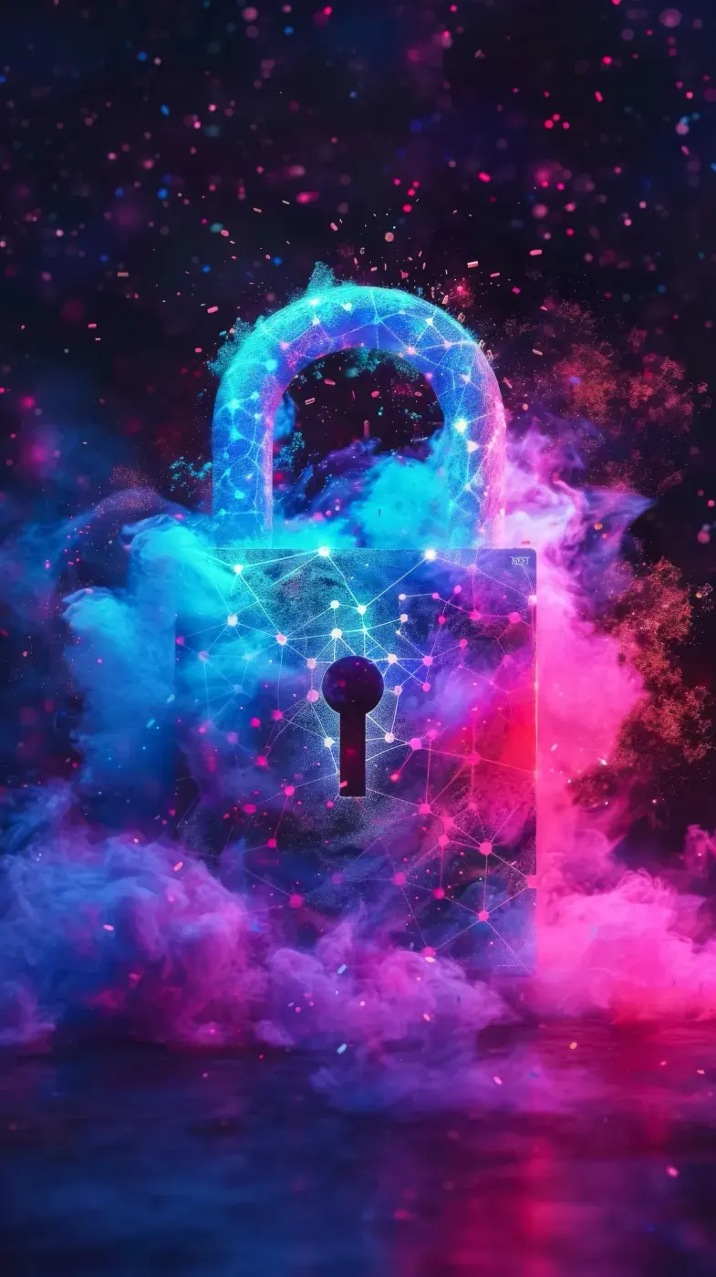 A padlock formed from glowing cloud and starlight