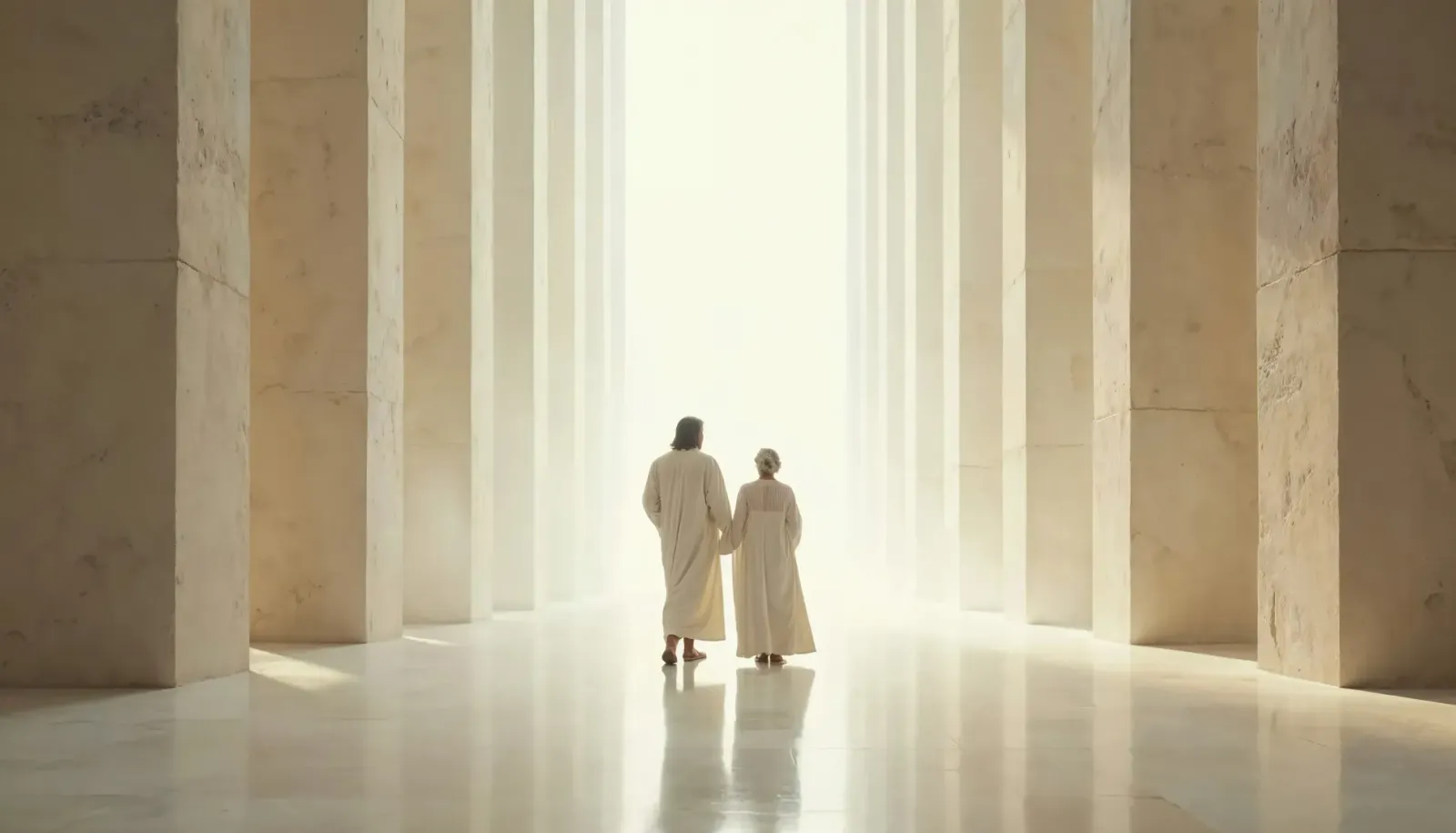 Two robed figures walking toward the light between tall columns