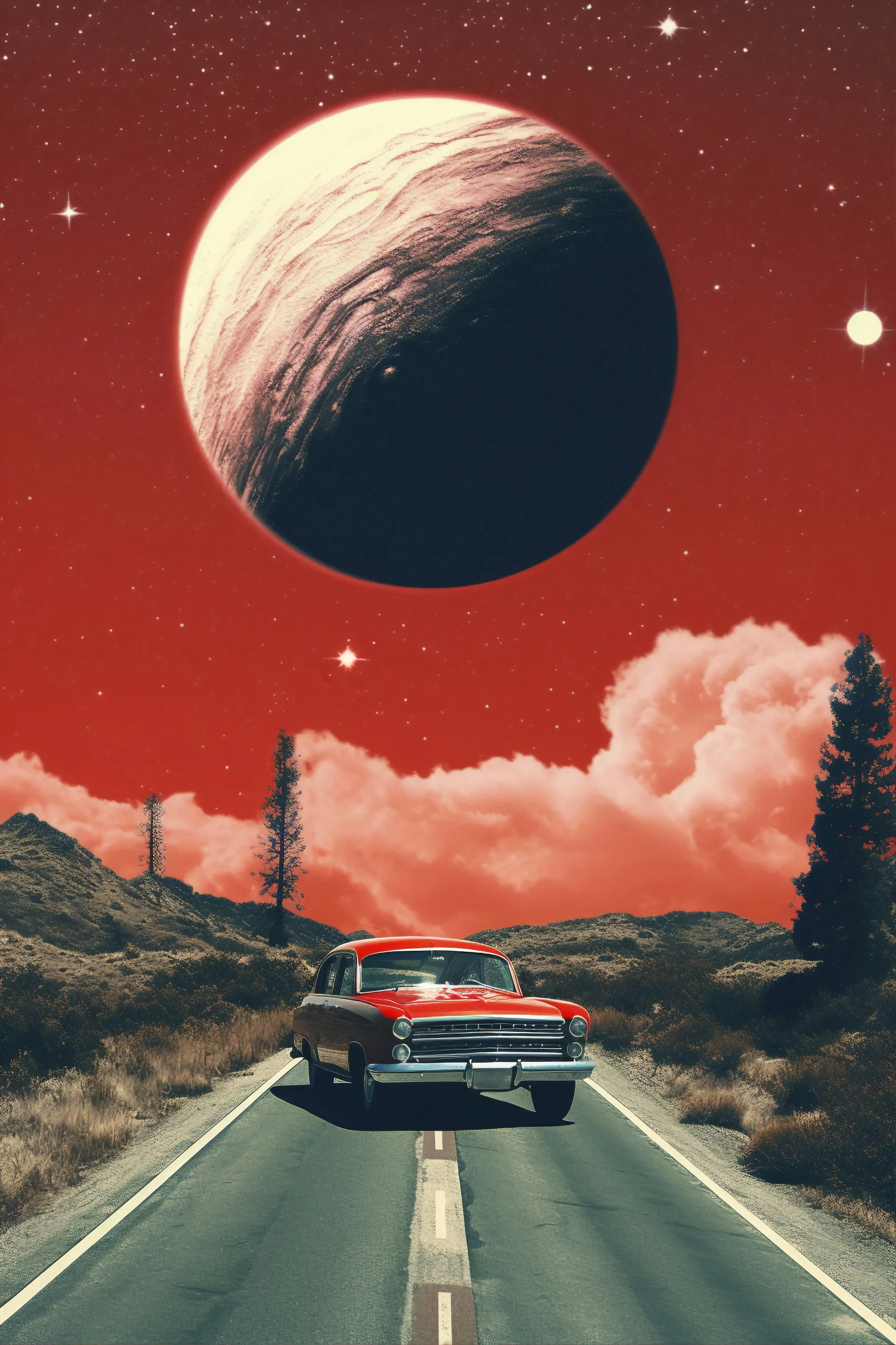 A lone road running toward a vast planet in a red sky
