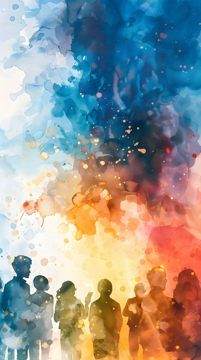 A group of figures painted in bright washes of colour