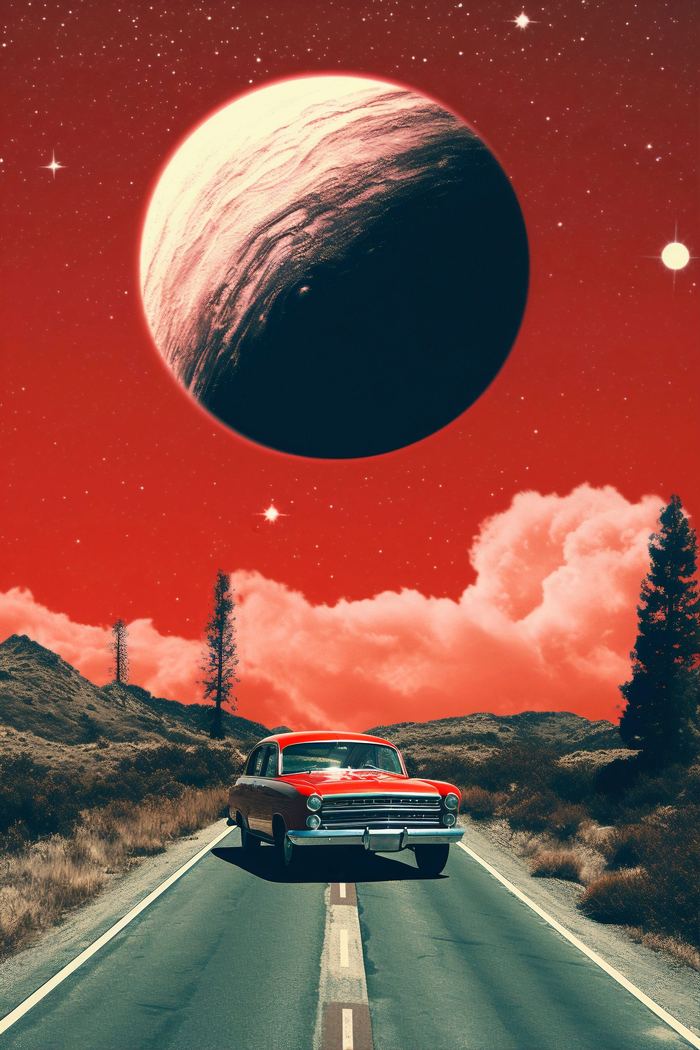 A lone road running toward a vast planet in a red sky