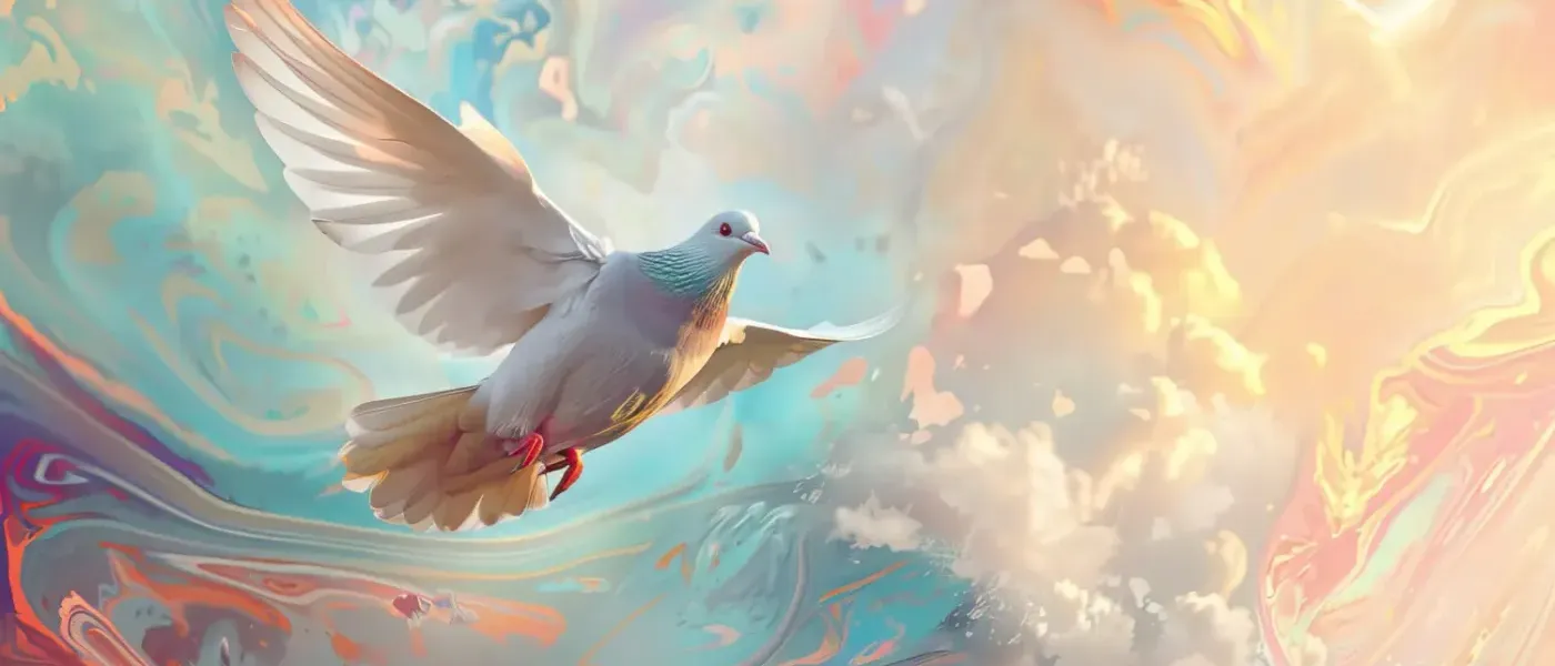 A white dove in flight through pastel clouds