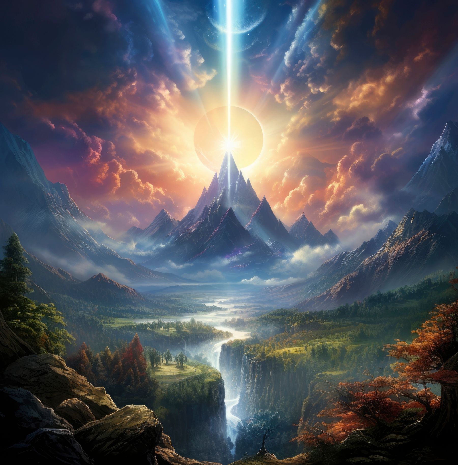 A mountain peak lit by a shaft of light above a river valley