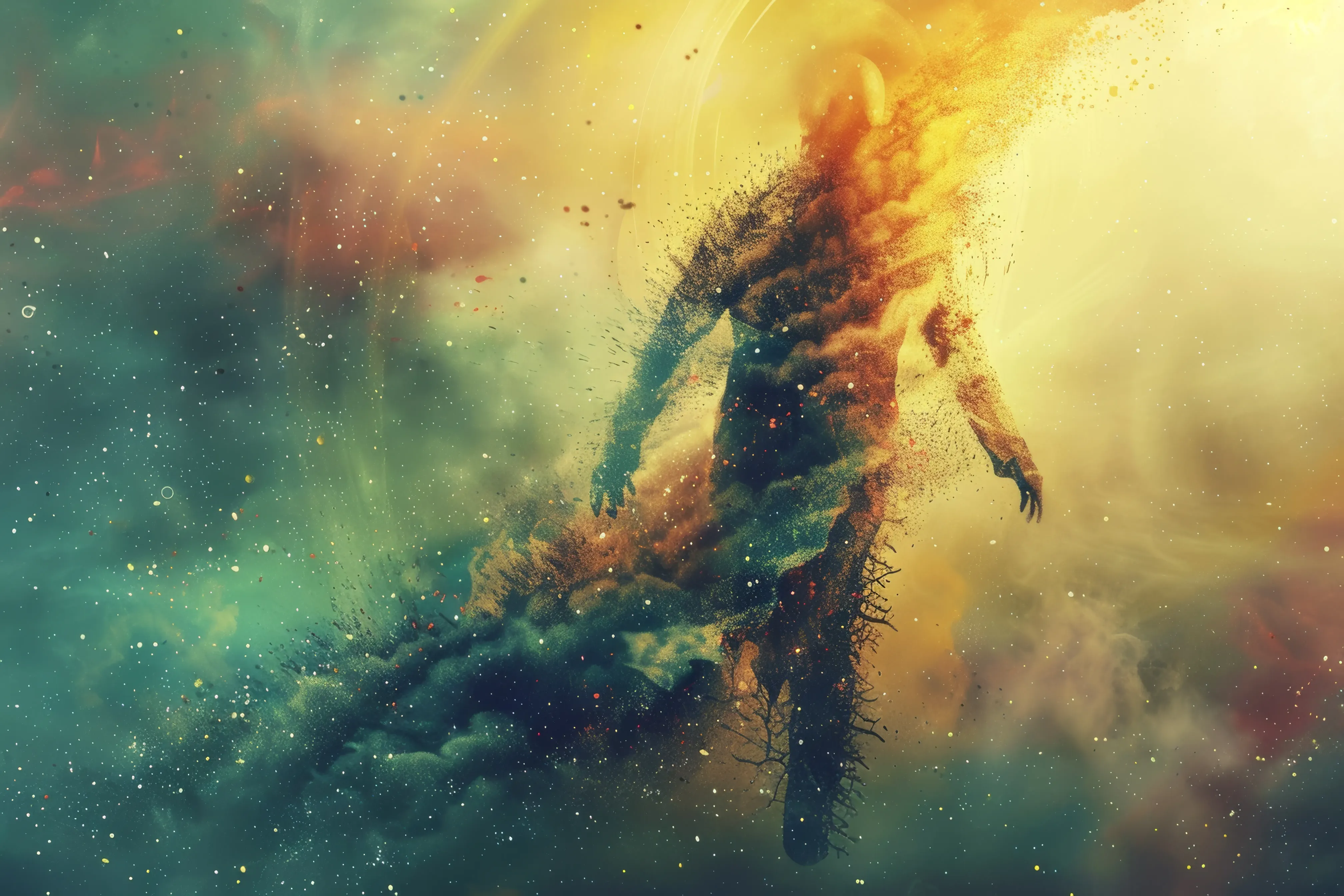 A human figure dissolving into cloud and light