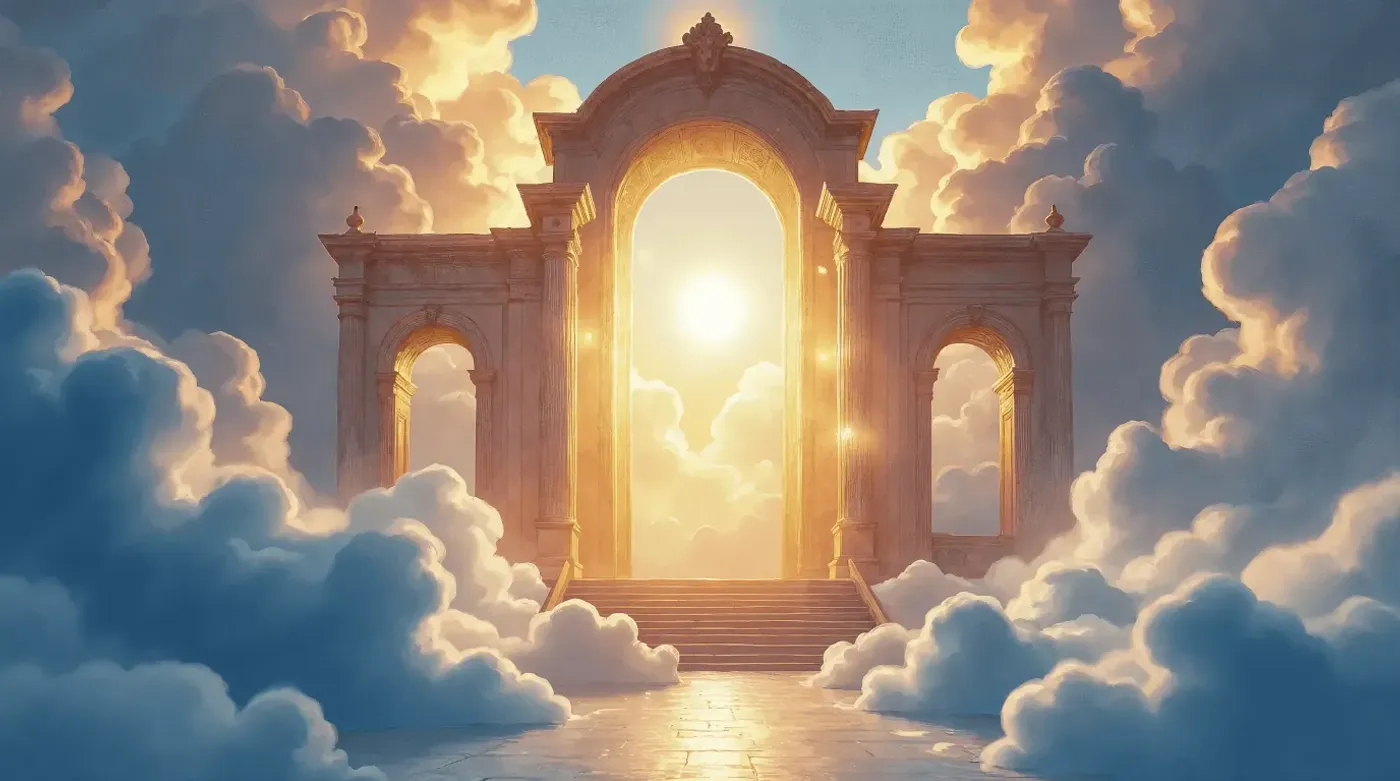 A glowing archway standing open above the clouds