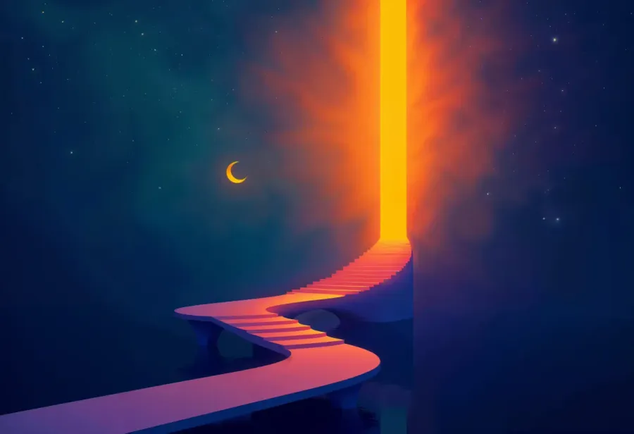 A winding path leading to a glowing doorway under a crescent moon
