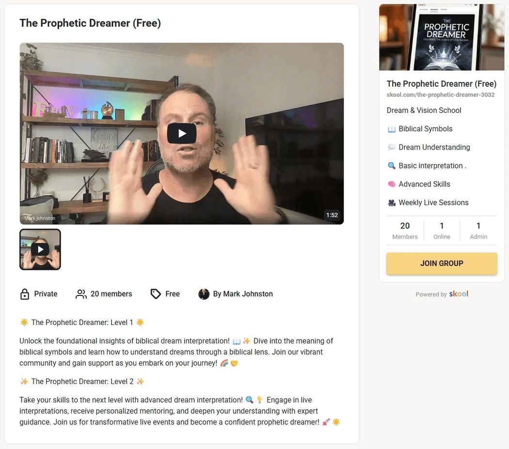 The Prophetic Dreamer group page in Skool, with the Join Group button