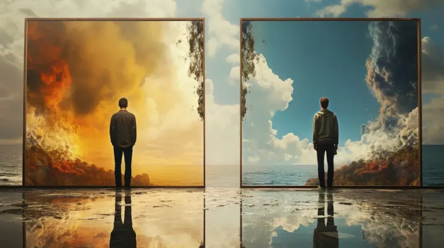 Two panels side by side: a figure facing fire, and the same figure facing calm water
