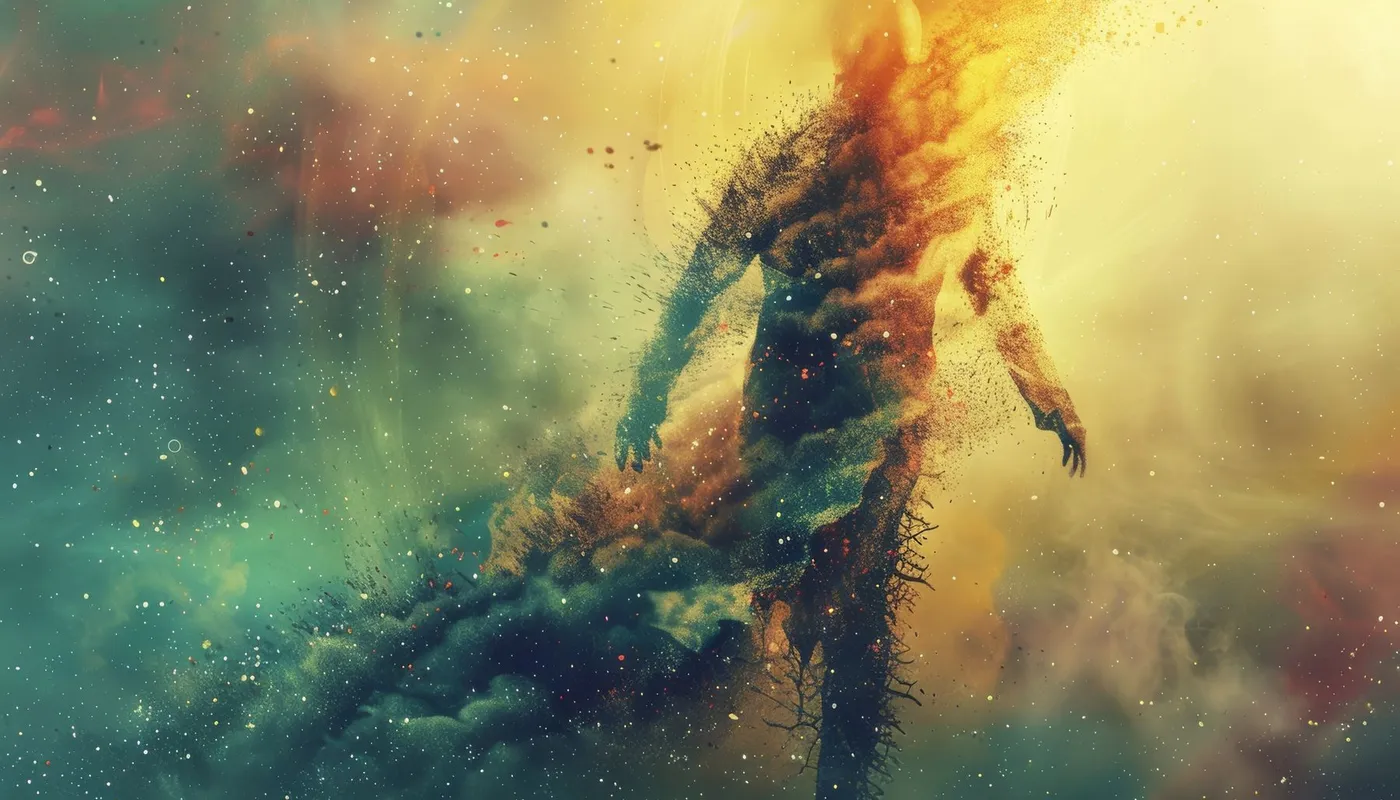 A human figure dissolving into cloud and light